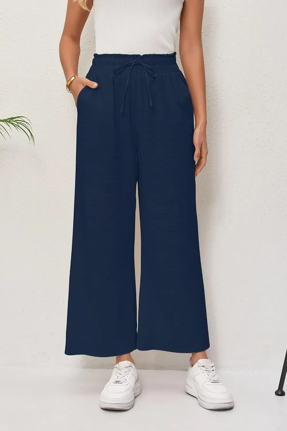 Women's Linen Pants Relaxed Fit High Waisted Boho Chic Ankle Pants Summer Beach Vacation Wide Leg Trousers