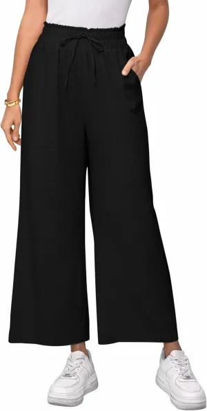 Women's Linen Pants Relaxed Fit High Waisted Boho Chic Ankle Pants Summer Beach Vacation Wide Leg Trousers