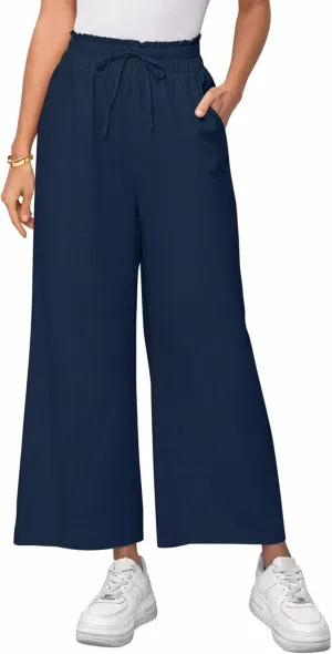Women's Linen Pants Relaxed Fit High Waisted Boho Chic Ankle Pants Summer Beach Vacation Wide Leg Trousers