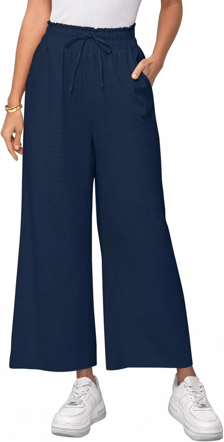 Women's Linen Pants Relaxed Fit High Waisted Boho Chic Ankle Pants Summer Beach Vacation Wide Leg Trousers
