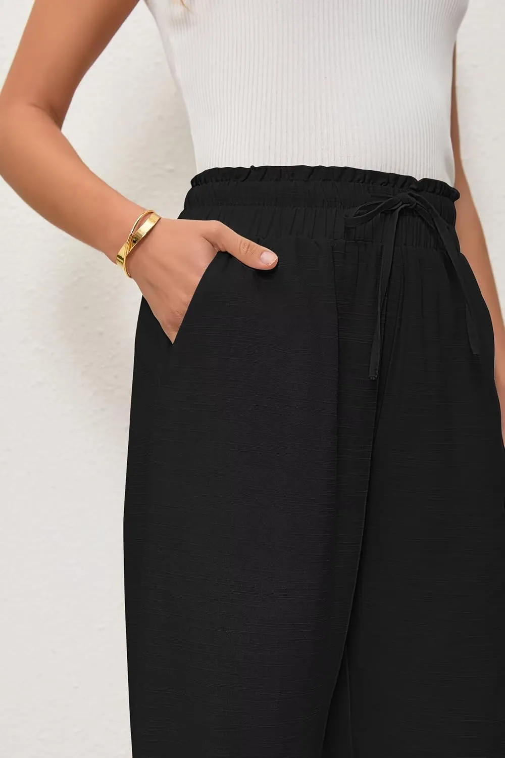 Women's Linen Pants Relaxed Fit High Waisted Boho Chic Ankle Pants Summer Beach Vacation Wide Leg Trousers