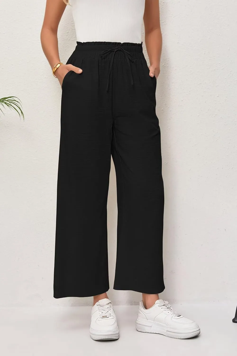 Women's Linen Pants Relaxed Fit High Waisted Boho Chic Ankle Pants Summer Beach Vacation Wide Leg Trousers
