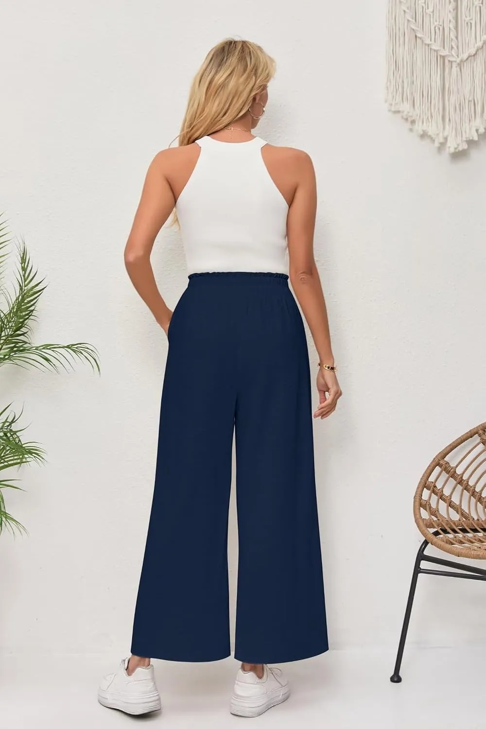 Women's Linen Pants Relaxed Fit High Waisted Boho Chic Ankle Pants Summer Beach Vacation Wide Leg Trousers