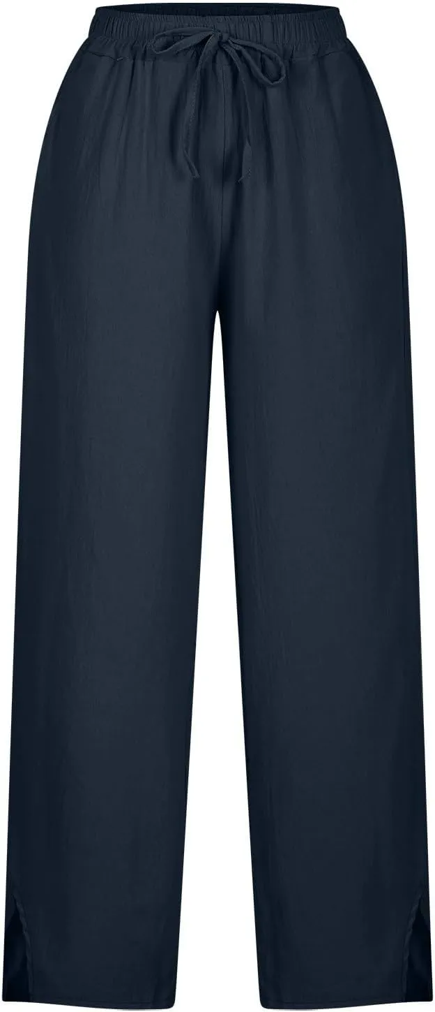 Womens Linen Pants Trendy 2025 Summer Casual Drawstring Elastic Waist Trousers Lightweight Beach Vacation Outfits