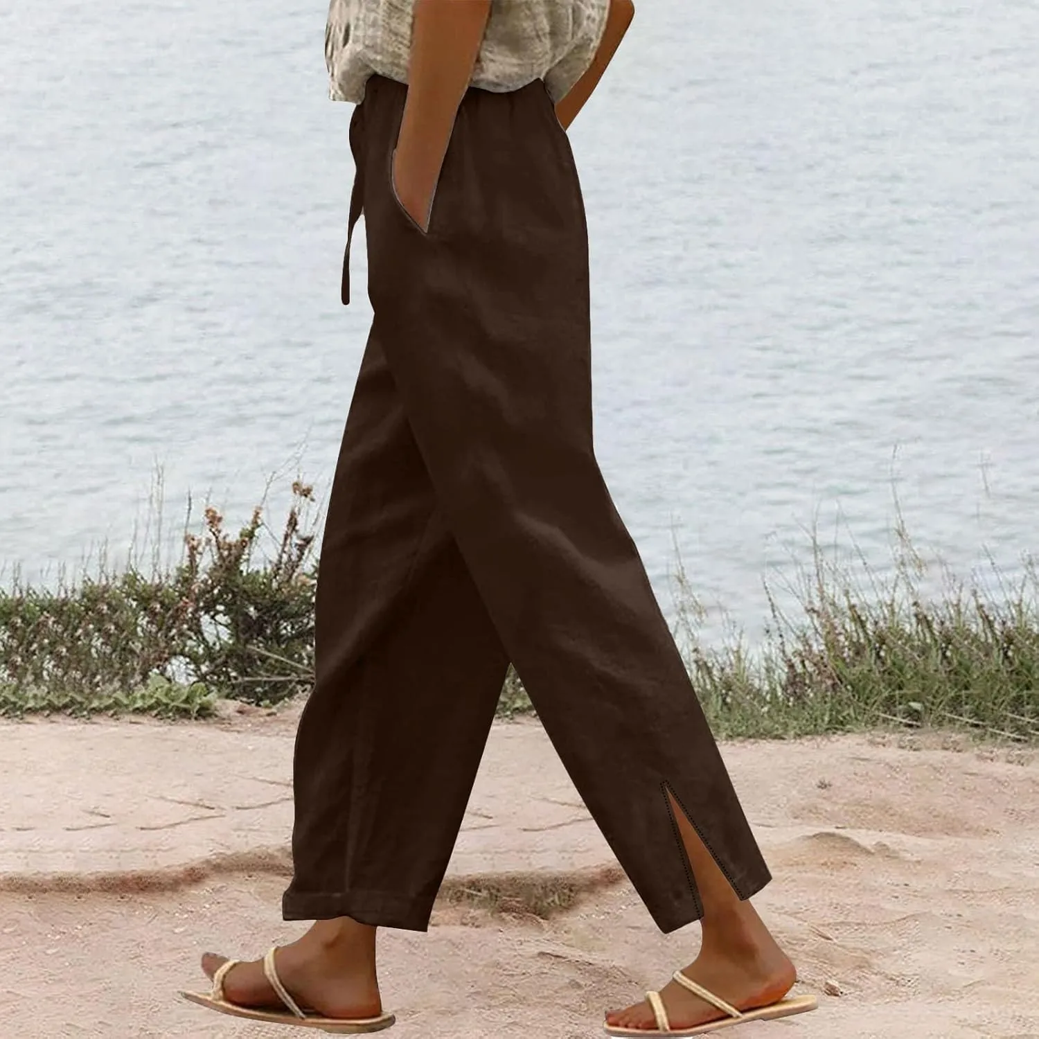 Women's Linen Pants with Drawstring & Split Hem - Summer Casual Linen Trousers Elastic Waist Lightweight Capris