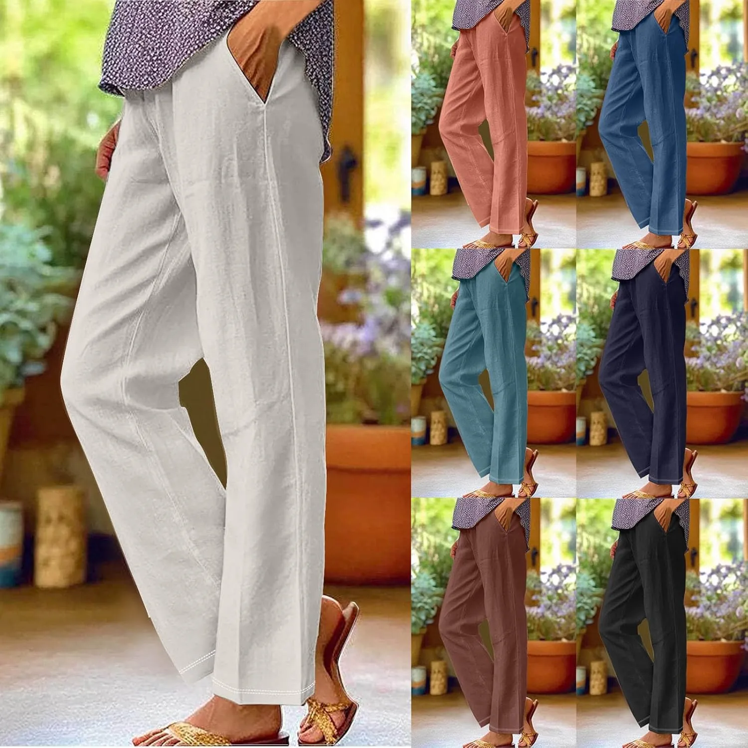 Womens Linen Pants with Pockets Lounge Pants 2025 High Waist Pants Comfy Gauze Pants Casua Lightweight Loose Trousers