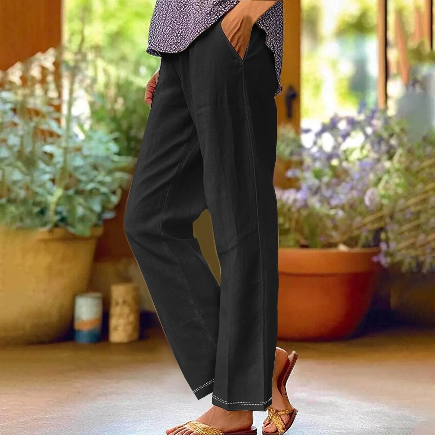 Womens Linen Pants with Pockets Lounge Pants 2025 High Waist Pants Comfy Gauze Pants Casua Lightweight Loose Trousers