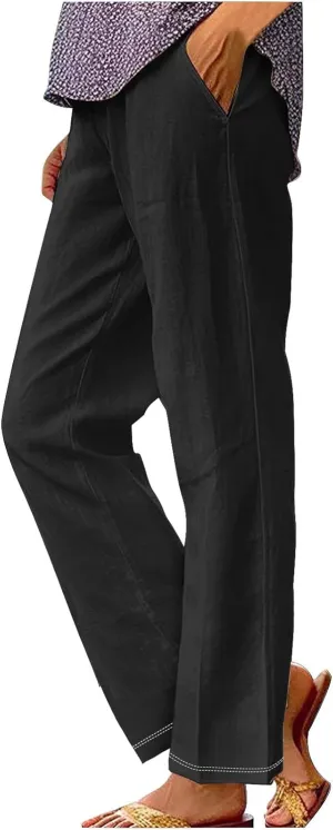 Womens Linen Pants with Pockets Lounge Pants 2025 High Waist Pants Comfy Gauze Pants Casua Lightweight Loose Trousers