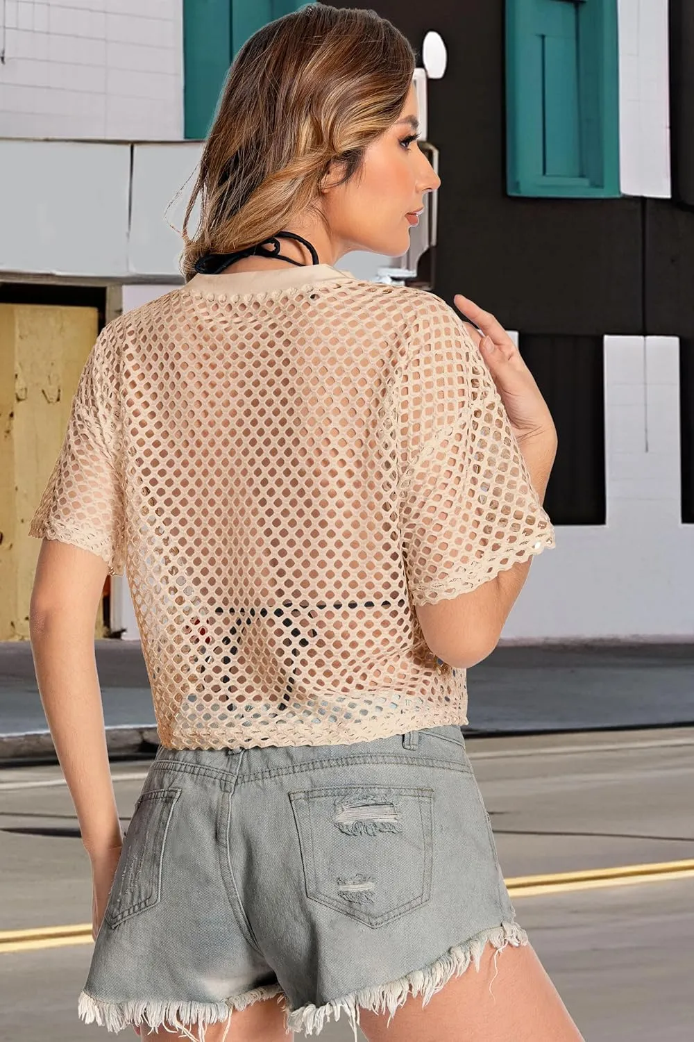 Women's Mesh Top Fishnet T Shirts Sheer Loose Short Sleeve See Through Crop Tops