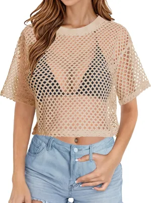 Women's Mesh Top Fishnet T Shirts Sheer Loose Short Sleeve See Through Crop Tops