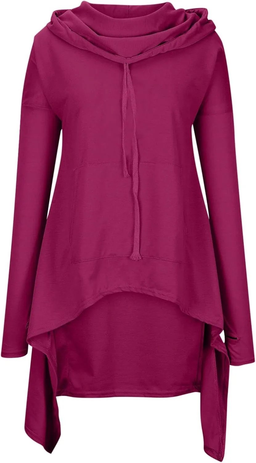 Women's Novelty Cowl Neck Sweatshirts Flowy Asymmetrical Hem Solid Hoodies Preppy Thumb Hole Oversized Pullover