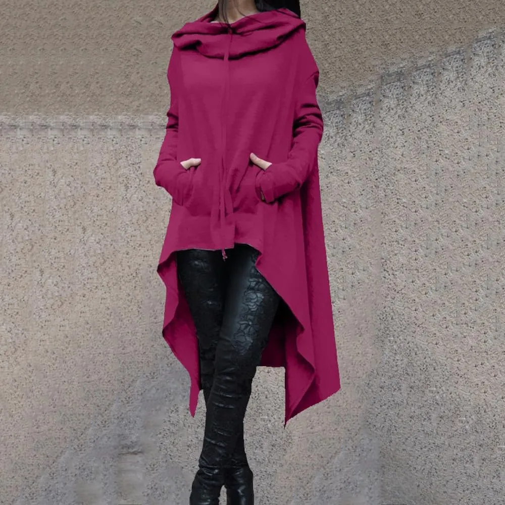 Women's Novelty Cowl Neck Sweatshirts Flowy Asymmetrical Hem Solid Hoodies Preppy Thumb Hole Oversized Pullover