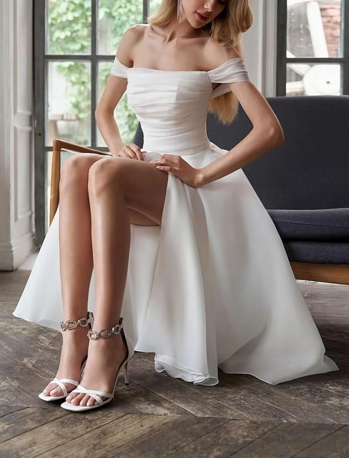 Women's Off The Shoulder Tea Length Wedding Dresses for Bride Tulle A Line Midi Bridal Party Dress with Slit
