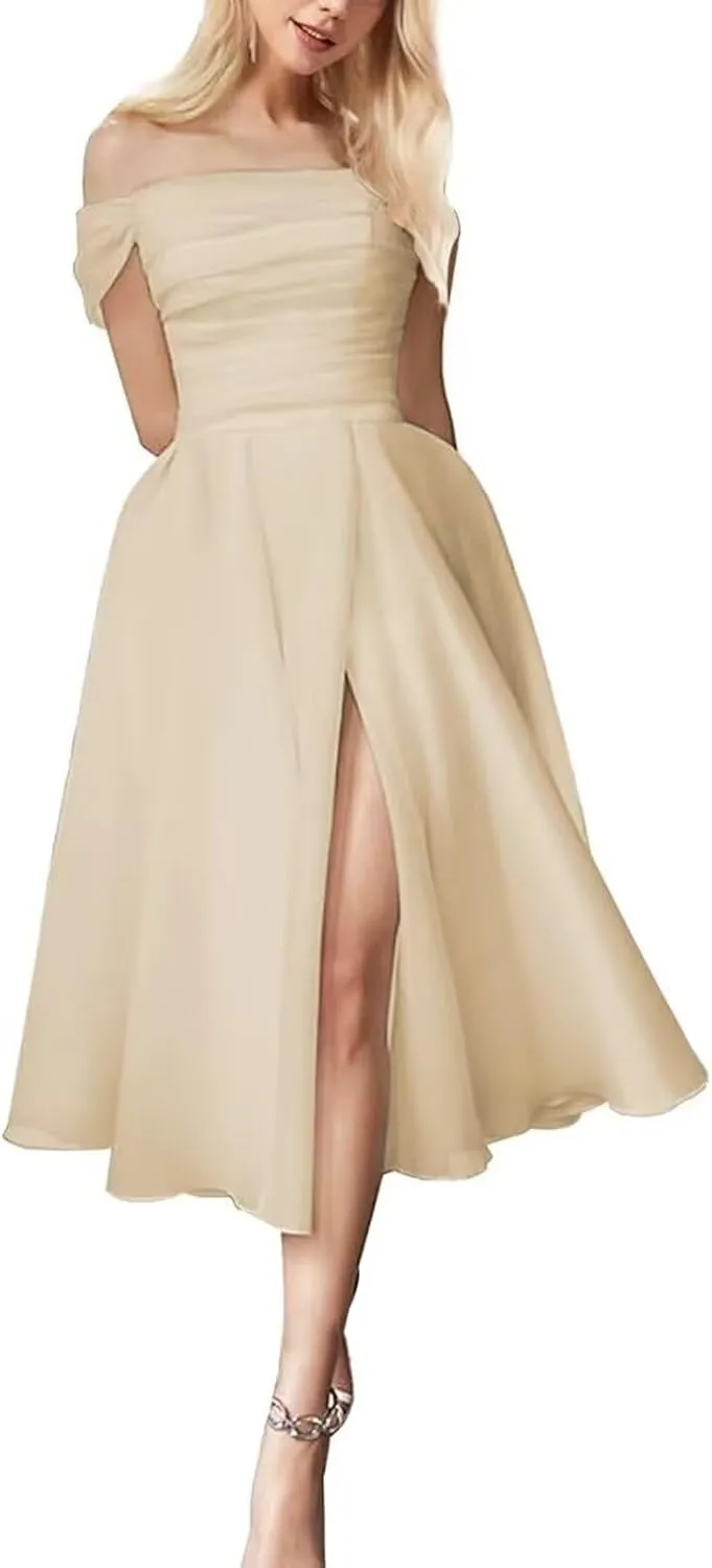 Women's Off The Shoulder Tea Length Wedding Dresses for Bride Tulle A Line Midi Bridal Party Dress with Slit