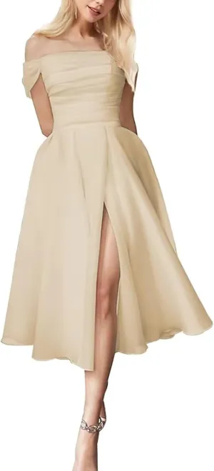 Women's Off The Shoulder Tea Length Wedding Dresses for Bride Tulle A Line Midi Bridal Party Dress with Slit