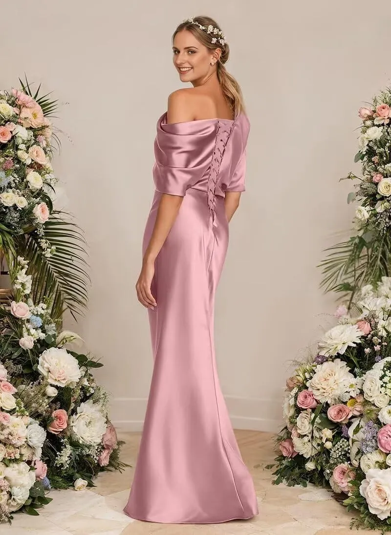 Women's One Shoulder Mother of The Bride Dresses Ruffle Mother of The Groom Dresses Satin Wedding Evening Gown DE202