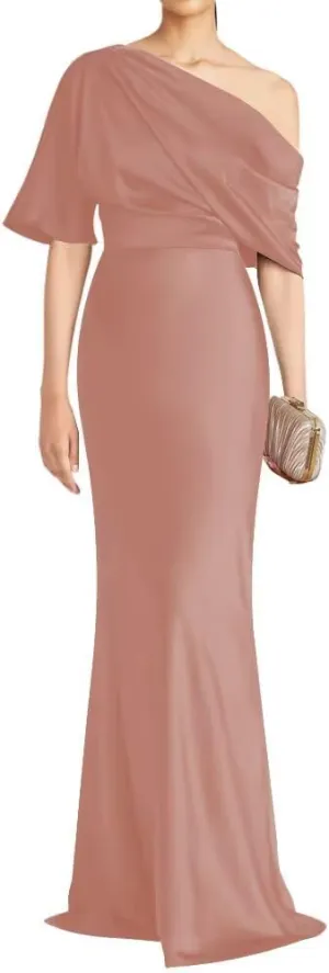 Women's One Shoulder Mother of The Bride Dresses Ruffle Mother of The Groom Dresses Satin Wedding Evening Gown DE202