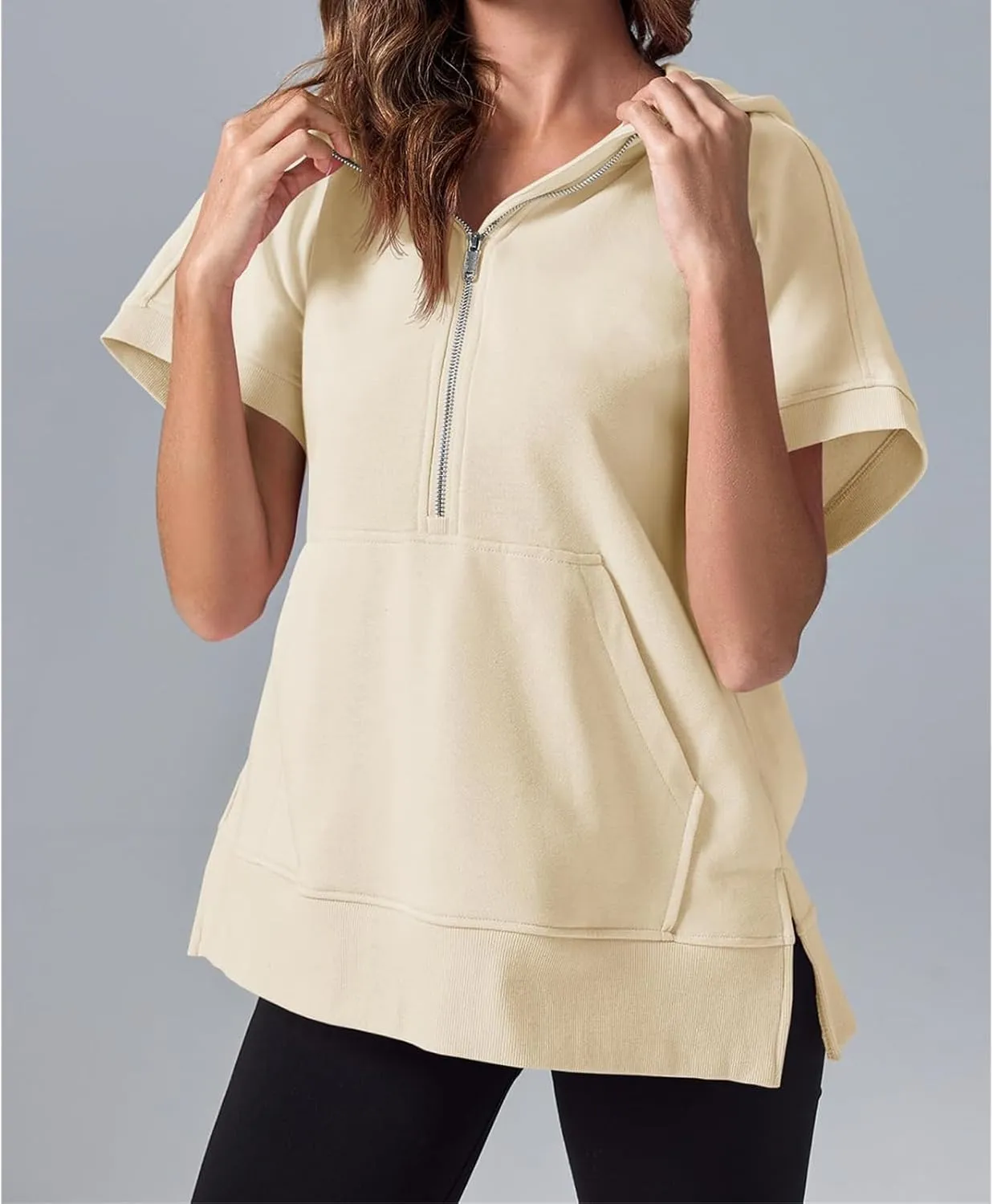 Womens Oversized Half Zip Hoodies Short Sleeve Sweatshirts Casual Loose Fit Shirts Summer Pullover Tops with Pockets