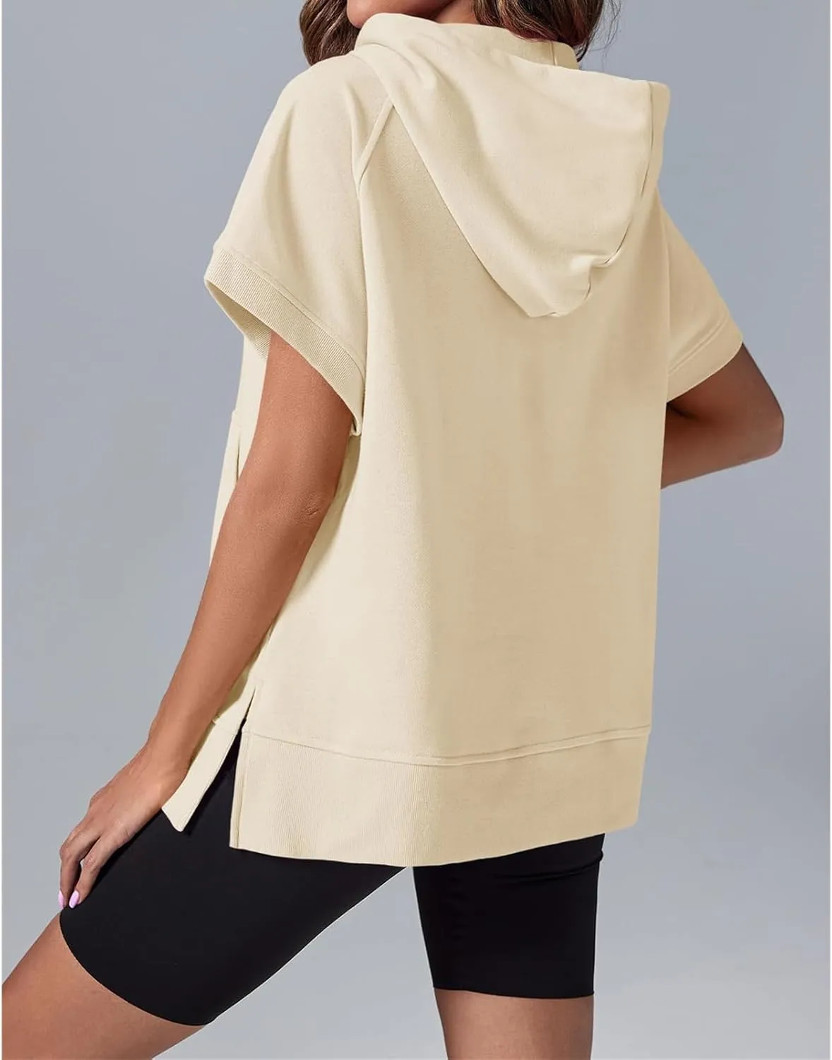 Womens Oversized Half Zip Hoodies Short Sleeve Sweatshirts Casual Loose Fit Shirts Summer Pullover Tops with Pockets