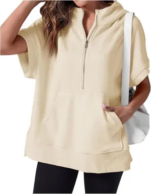 Womens Oversized Half Zip Hoodies Short Sleeve Sweatshirts Casual Loose Fit Shirts Summer Pullover Tops with Pockets