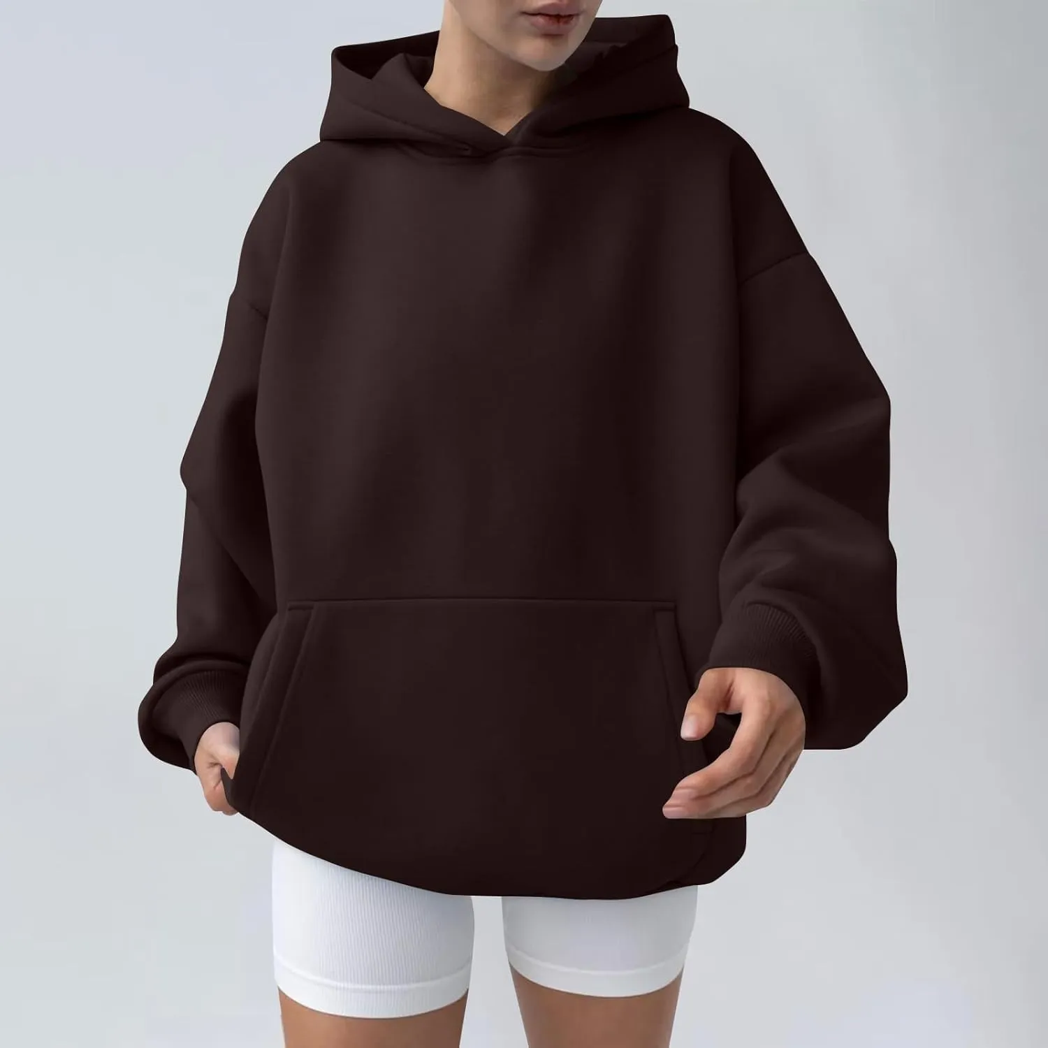 Womens Oversized Hoodie Fall Fashion 2024 Ribbed Cuffs Crewneck Sweatshirt Drop Shoulder Long Sleeve Tops With Pocket