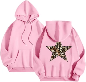 Women's Oversized Sweatshirts Fashion Leopard Star Printed Pullover Casual Athletic Hoodie Cheetah Hoodie with Pocket