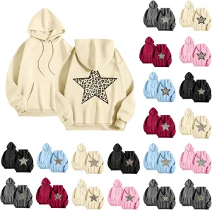 Women's Oversized Sweatshirts Fashion Leopard Star Printed Pullover Casual Athletic Hoodie Cheetah Hoodie with Pocket