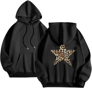 Women's Oversized Sweatshirts Fashion Leopard Star Printed Pullover Casual Athletic Hoodie Cheetah Hoodie with Pocket