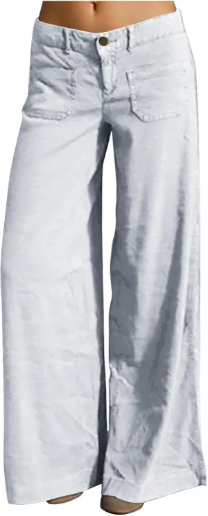 Womens Palazzo Trousers Plus Size Linen Pants Wide Leg Trousers High Elastic Waist Flowy Pants Culottes with Pockets
