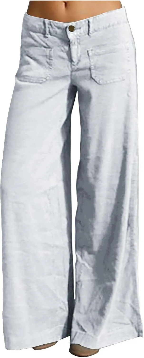 Womens Palazzo Trousers Plus Size Linen Pants Wide Leg Trousers High Elastic Waist Flowy Pants Culottes with Pockets