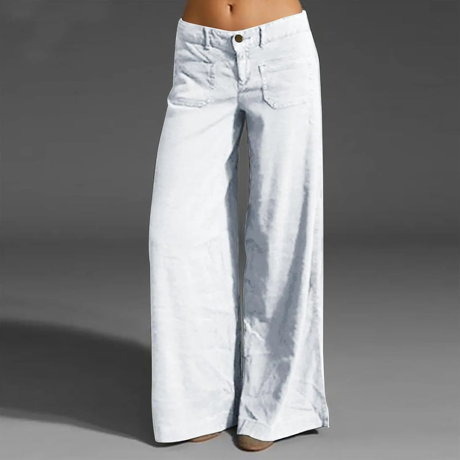 Womens Palazzo Trousers Plus Size Linen Pants Wide Leg Trousers High Elastic Waist Flowy Pants Culottes with Pockets