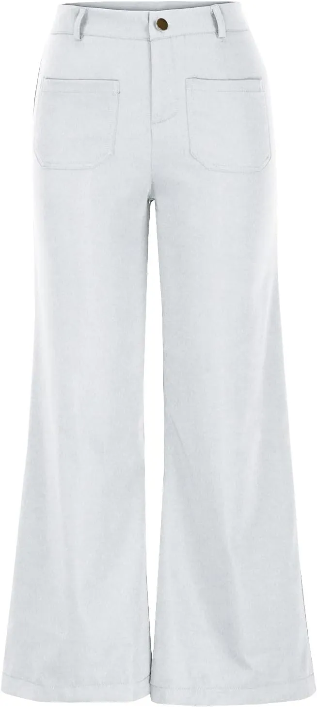 Womens Palazzo Trousers Plus Size Linen Pants Wide Leg Trousers High Elastic Waist Flowy Pants Culottes with Pockets