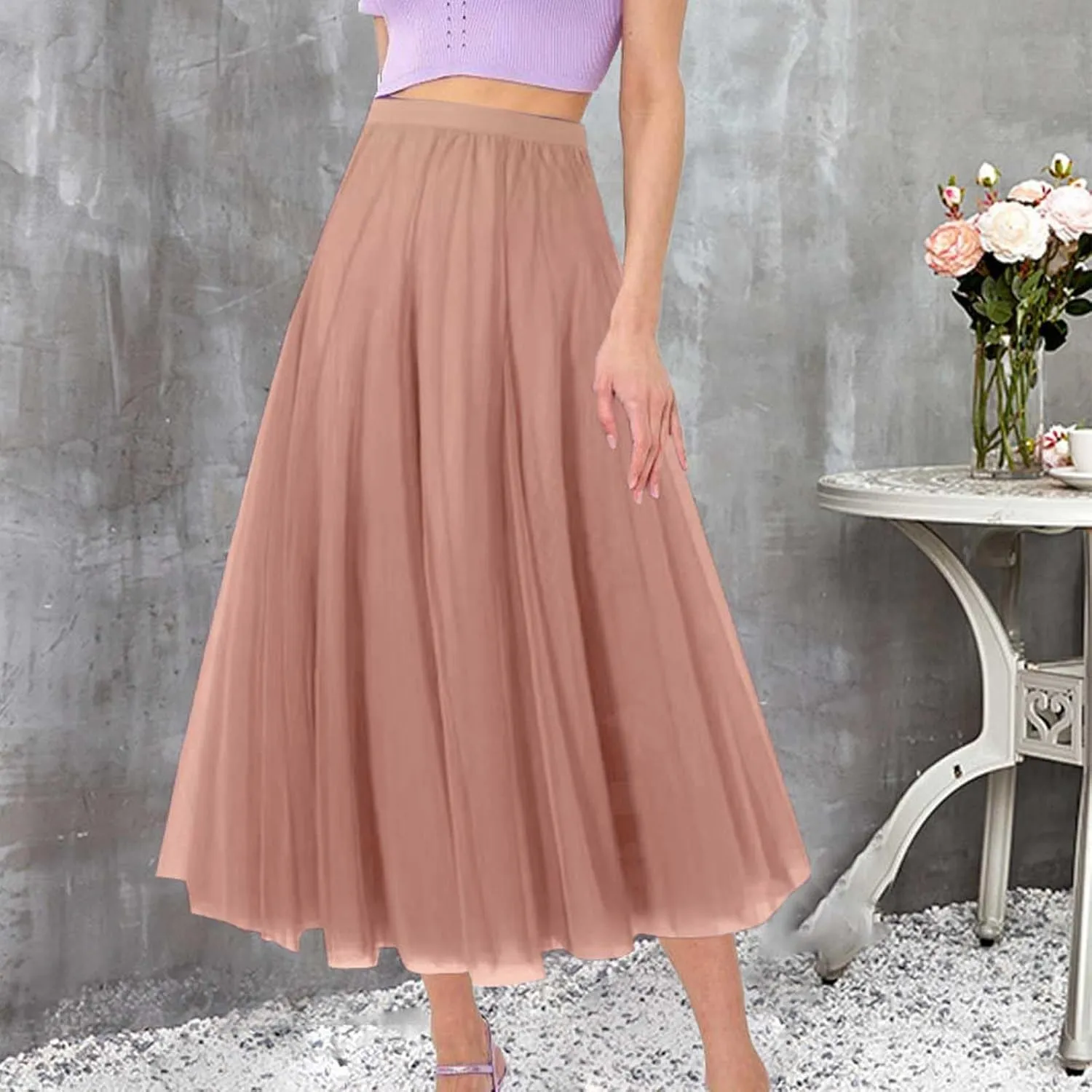 Women's Pleated Skirt Mesh Skirt Fairy Skirt Mid Length Long Skirt Dance Skirt Scrub Skirt