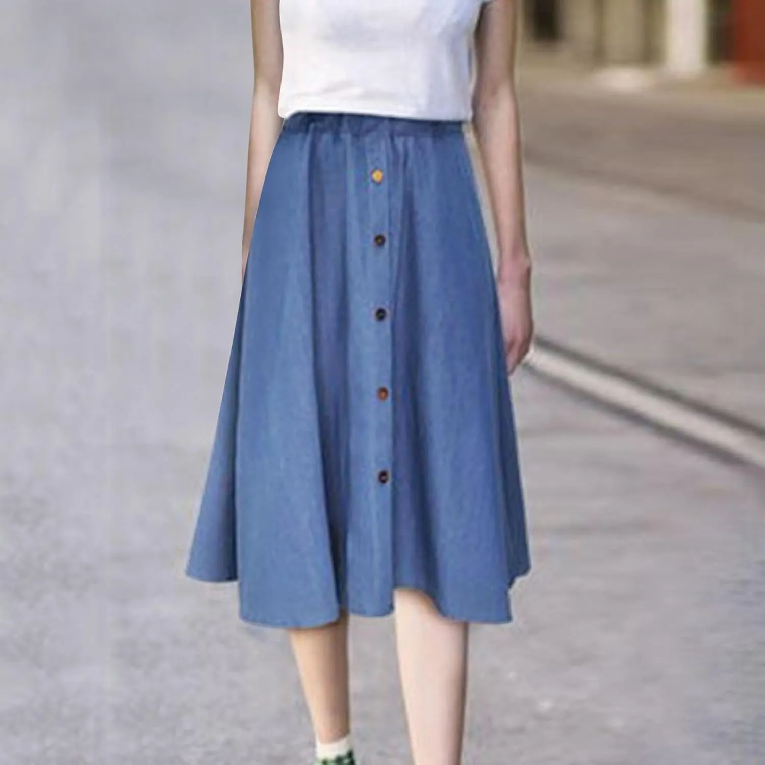 Women's Plus Size Denim Skirt Casual High Waisted A Line Midi with Elastic Waist for School Silk Skirt