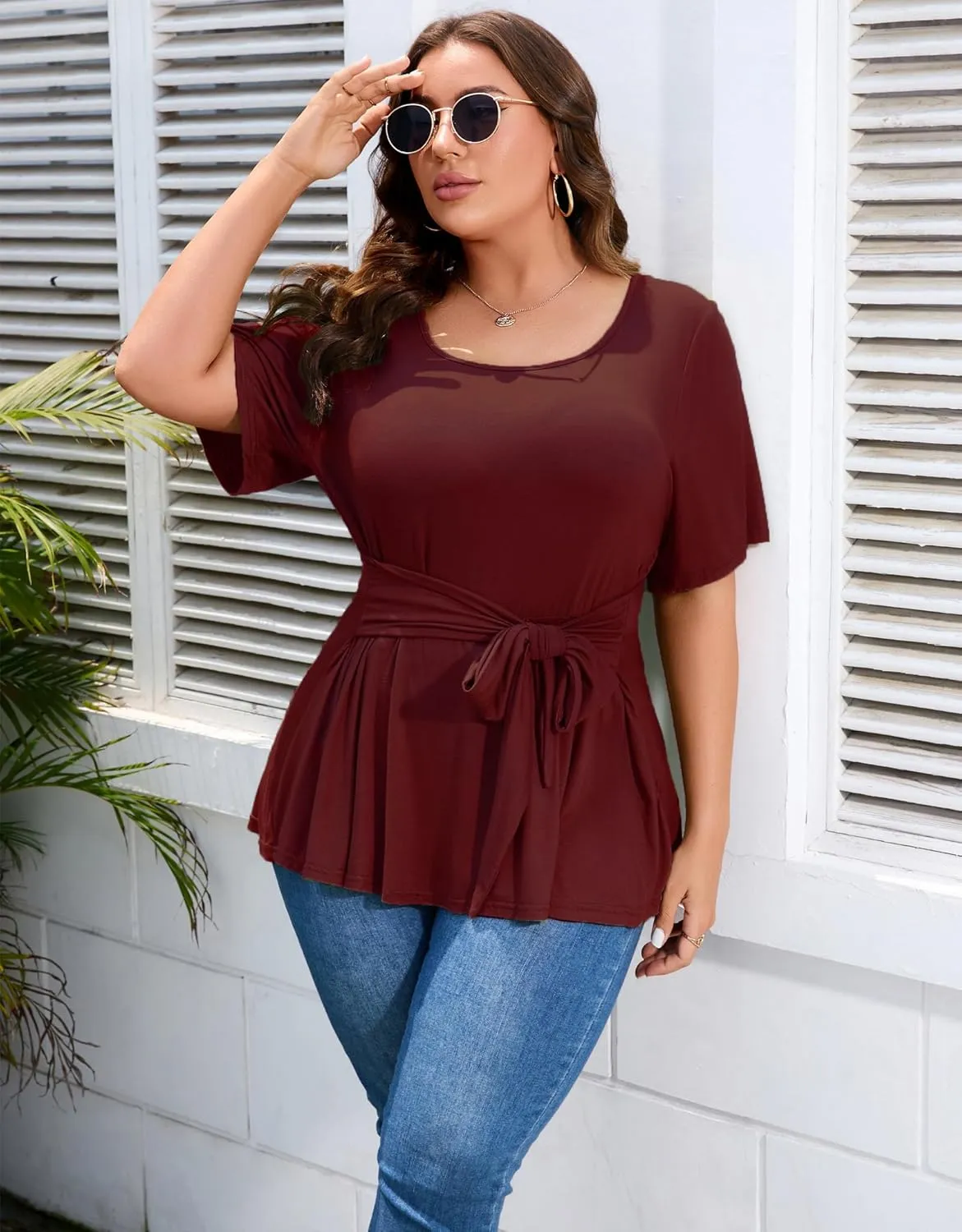 Women's Plus Size Dressy Tops Casual T Shirt Short Sleeve Tunic Top Plus Size Scoop Neck Summer Blouse Shirt with Belt