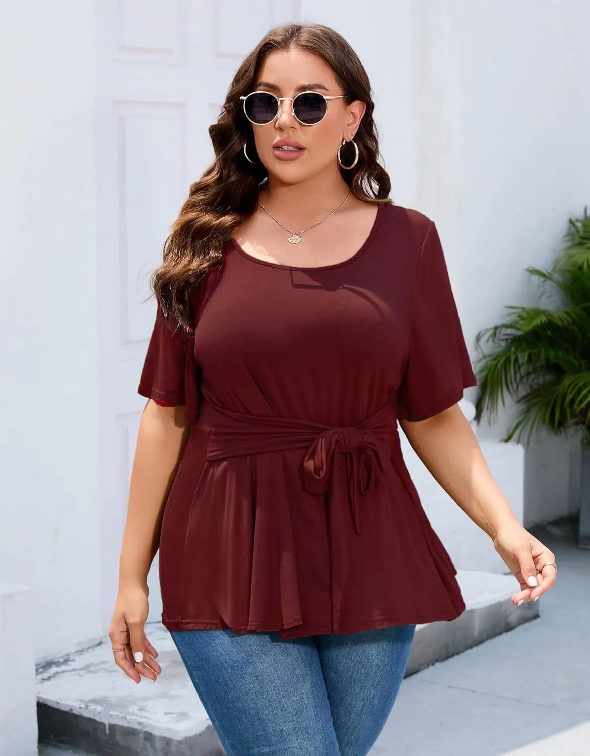 Women's Plus Size Dressy Tops Casual T Shirt Short Sleeve Tunic Top Plus Size Scoop Neck Summer Blouse Shirt with Belt