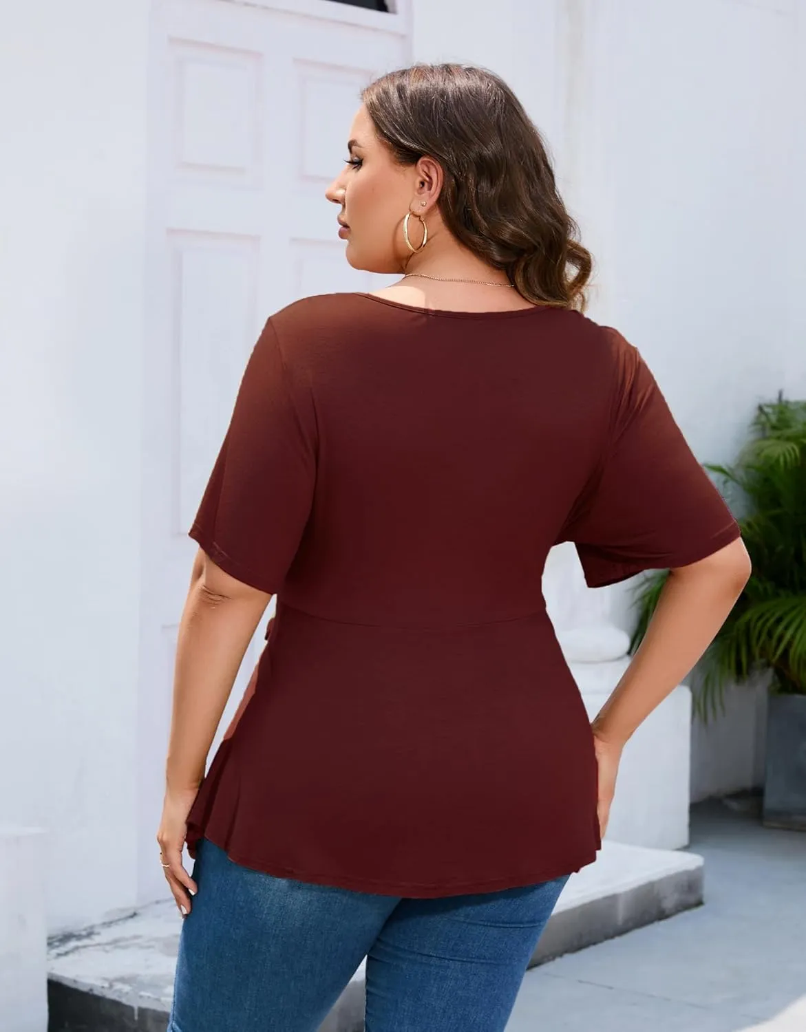 Women's Plus Size Dressy Tops Casual T Shirt Short Sleeve Tunic Top Plus Size Scoop Neck Summer Blouse Shirt with Belt