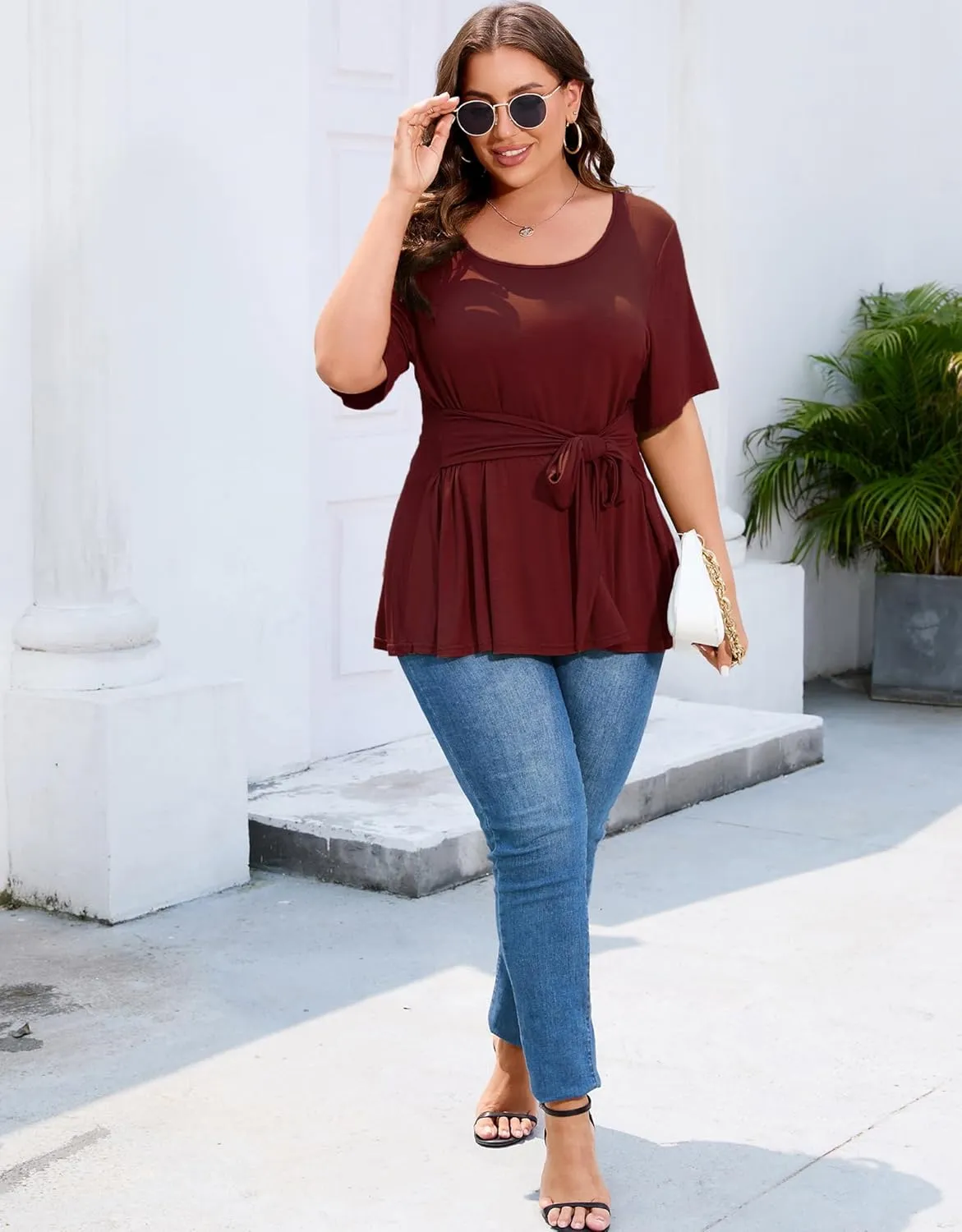 Women's Plus Size Dressy Tops Casual T Shirt Short Sleeve Tunic Top Plus Size Scoop Neck Summer Blouse Shirt with Belt