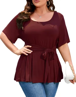 Women's Plus Size Dressy Tops Casual T Shirt Short Sleeve Tunic Top Plus Size Scoop Neck Summer Blouse Shirt with Belt