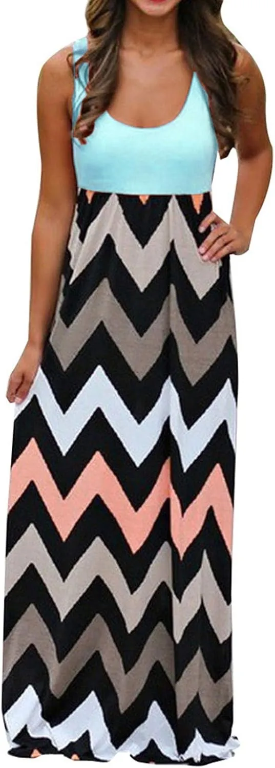 Women's Plus Size Striped Maxi Dress Lightweight Summer Beach Boho Sundress for Ladies Sleeveless Casual Long