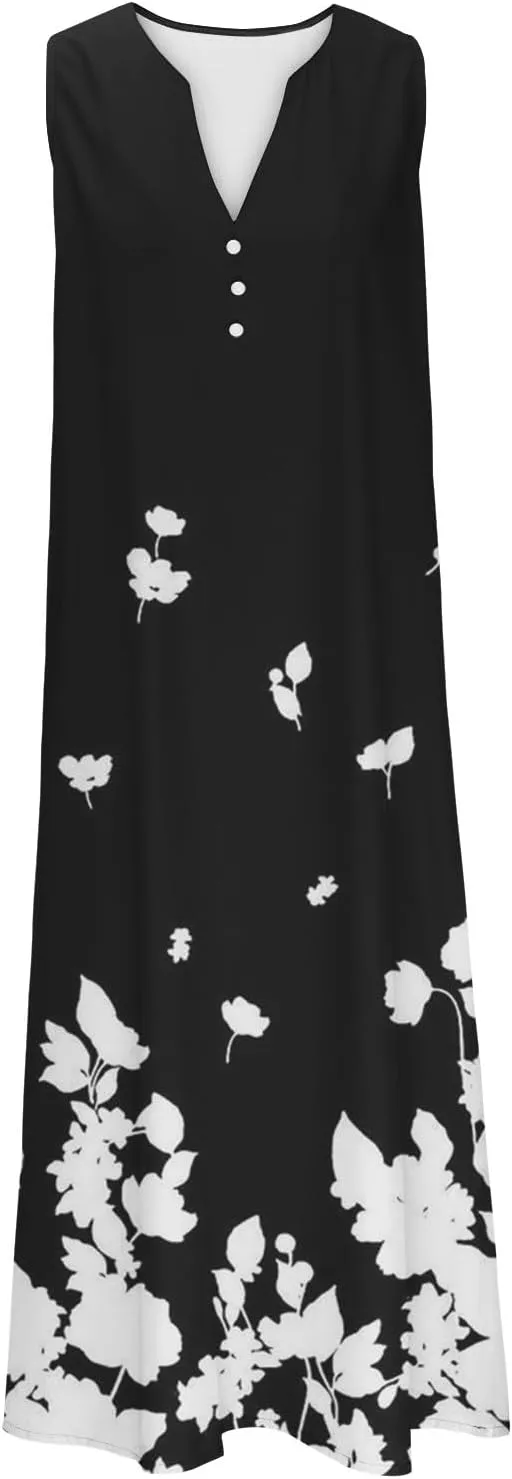 Women's Plus Size Summer Casual Dress Sleeveless Button Up V-Neck Maxi Dress Vintage Flowy Elegant Long Dresses