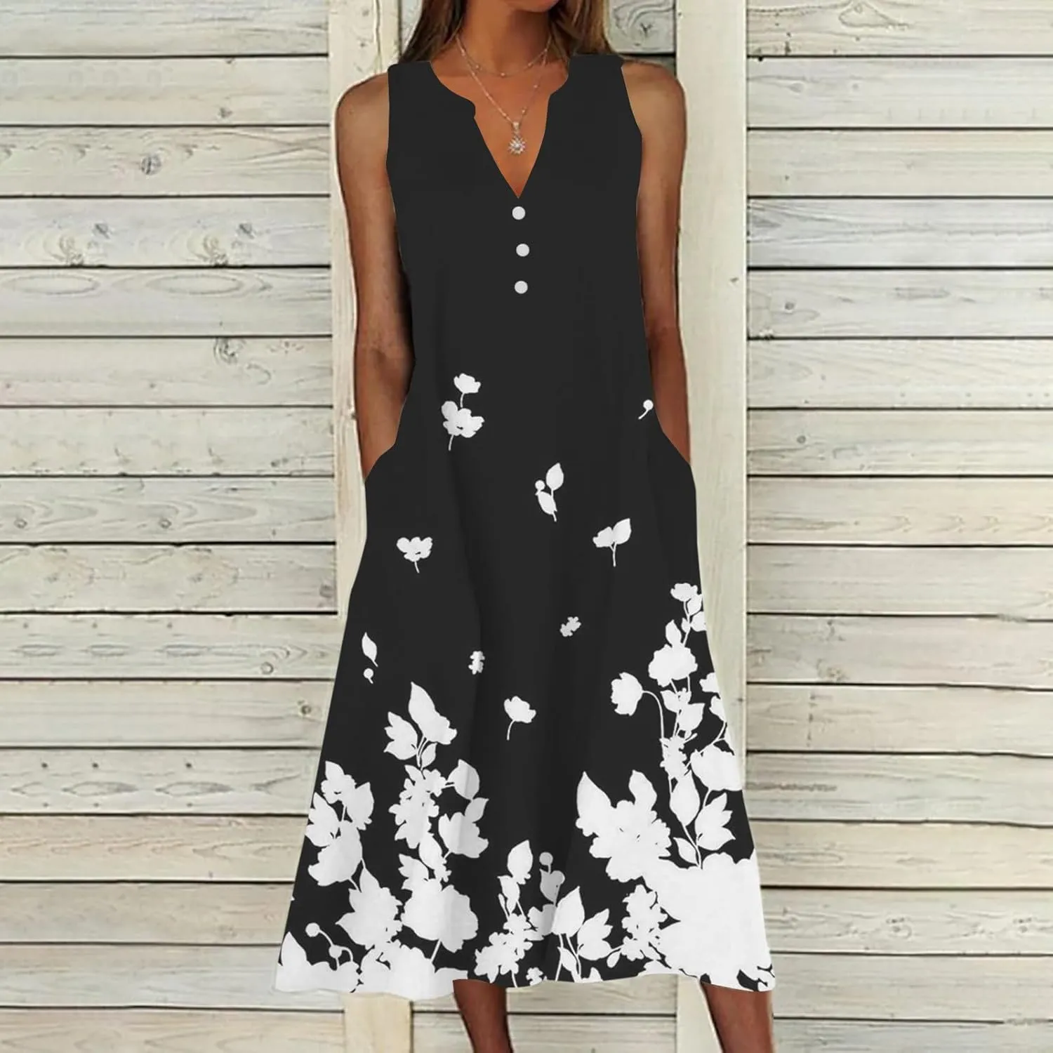 Women's Plus Size Summer Casual Dress Sleeveless Button Up V-Neck Maxi Dress Vintage Flowy Elegant Long Dresses