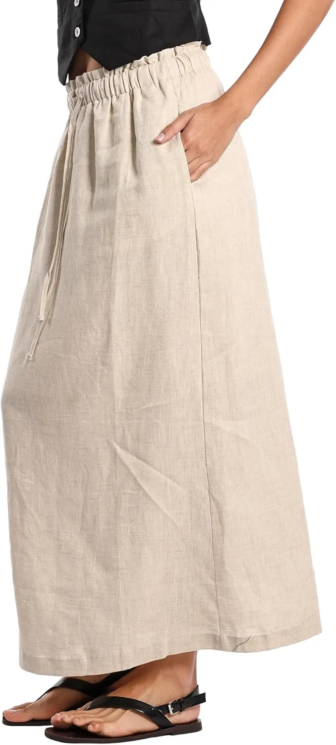 Womens Pure Linen Maxi Skirt Elastic Drawstring Back Slit Casual Long Skirt