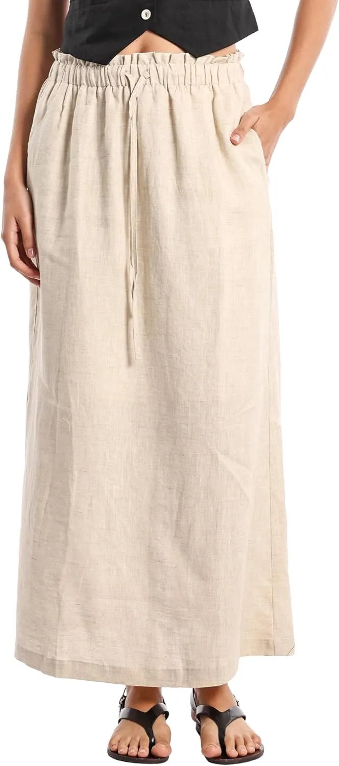 Womens Pure Linen Maxi Skirt Elastic Drawstring Back Slit Casual Long Skirt