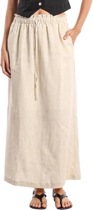 Womens Pure Linen Maxi Skirt Elastic Drawstring Back Slit Casual Long Skirt