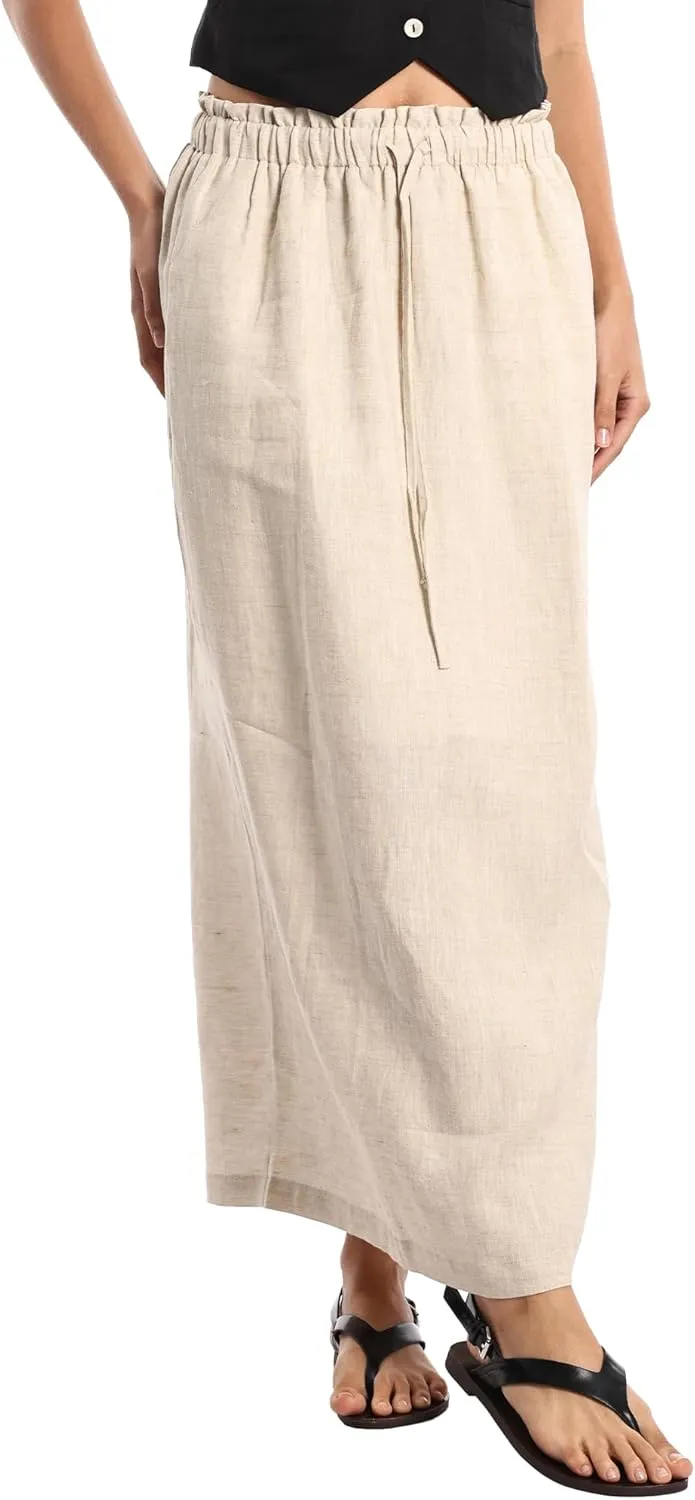 Womens Pure Linen Maxi Skirt Elastic Drawstring Back Slit Casual Long Skirt