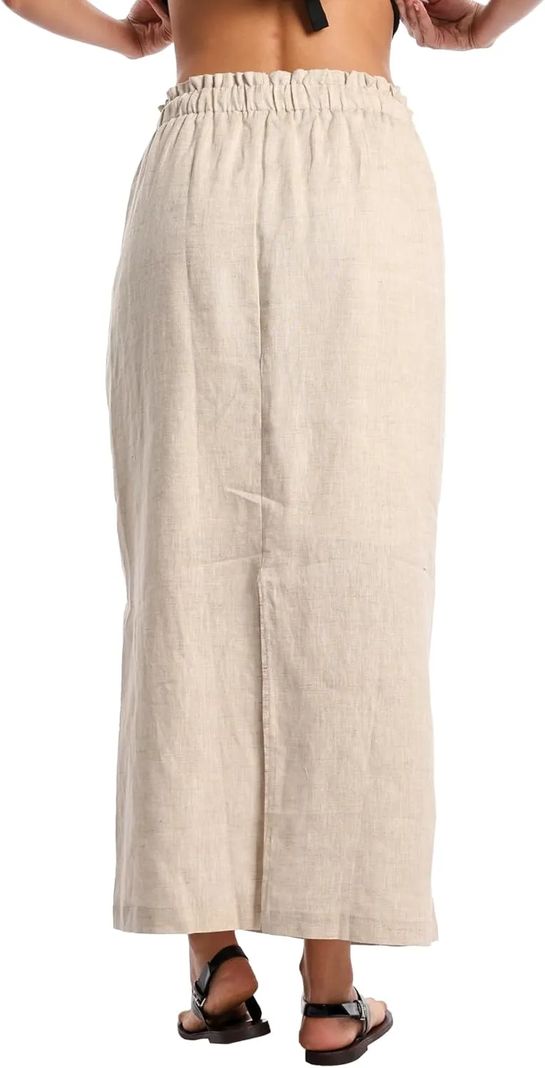 Womens Pure Linen Maxi Skirt Elastic Drawstring Back Slit Casual Long Skirt