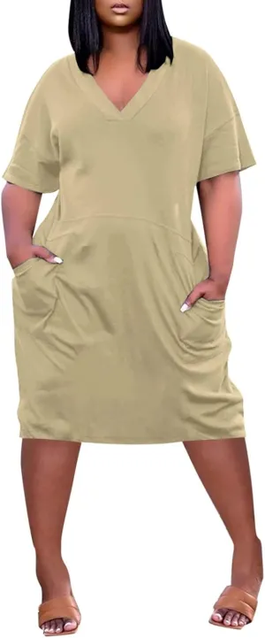 Women's Rompers Dressy Summer Casual Loose Dress 2024 Short Sleeve V-Neck Solid Color Beach Dresses, L-5XL