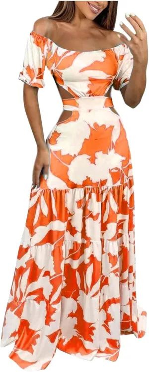 Women's Sexy Off Shoulder Maxi Dresses Floral Printed Short Sleeve Cutout Long Dress Ruffle Tiered Casual Beach Dress Orange