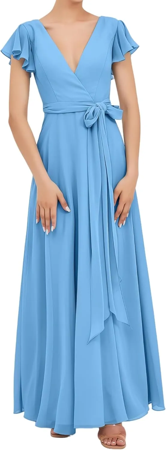 Women's Short Sleeve Bridesmaid Dresses V-Neck Long A Line Ruched Formal Chiffon Evening Gowns